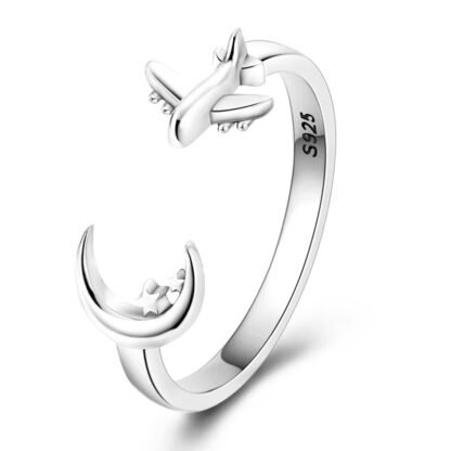 Airplane Moon Star Silver Ring