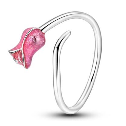 Pink Tulip Flower Silver Ring