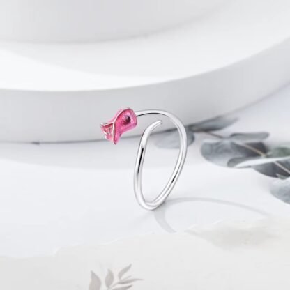 Pink Tulip Flower Silver Ring - Image 3