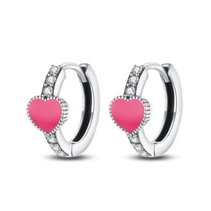 Pink Heart Silver Hoop Earrings