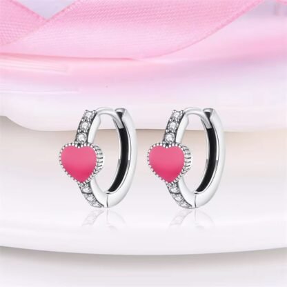 Pink Heart Silver Hoop Earrings - Image 2