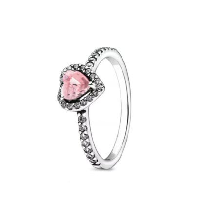 Pink Crystal Heart Silver Ring