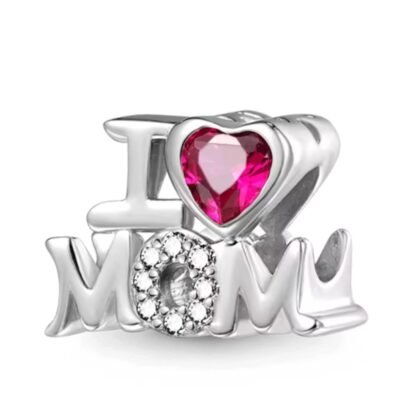 I Love MOM Magenta Heart Gem Symbol Charm