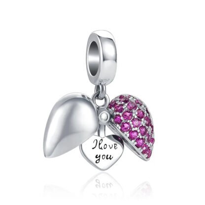 Silver Open Heart Love Magenta Gem Charm