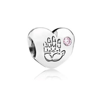 Silver Heart Handprint Pink Gem Charm