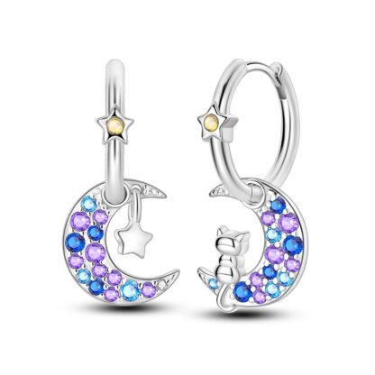 Crystal Moon Cat Star Silver Hoop Earrings