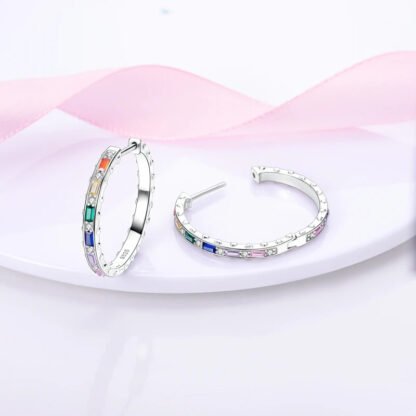 Rainbow Crystal Silver Hoop Earrings - Image 3