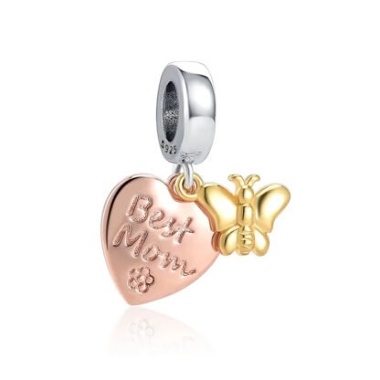 Rose Gold Heart Best Mom Yellow Butterfly Charm