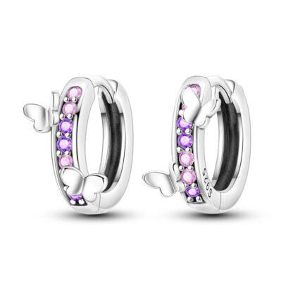 Purple Crystal Butterfly Silver Hoop Earrings