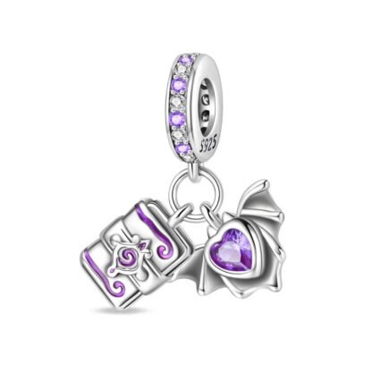 Mystic Purple Magic Book and Bat Heart Gem Charm