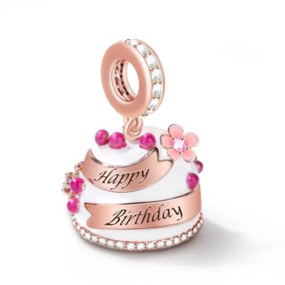 Rose Gold Happy Birthday Cake Pink Flower Charm