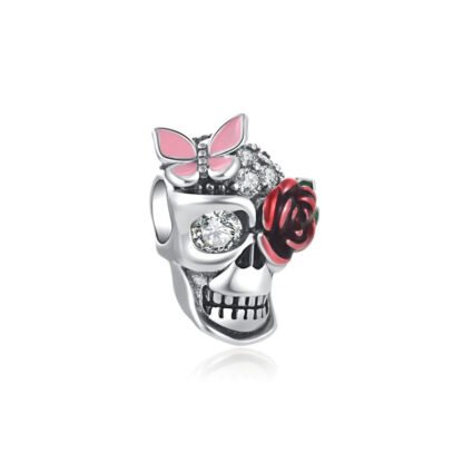 Silver Skull Rose Eye Pink Butterfly Charm