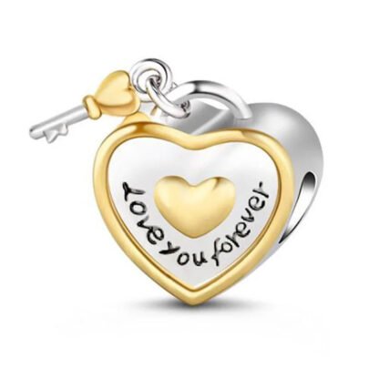 Silver and Gold Forever Love Heart Key and Lock Charm