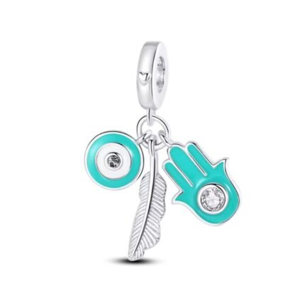 Teal Hamsa Hand Evil Eye Protection Feather Charm