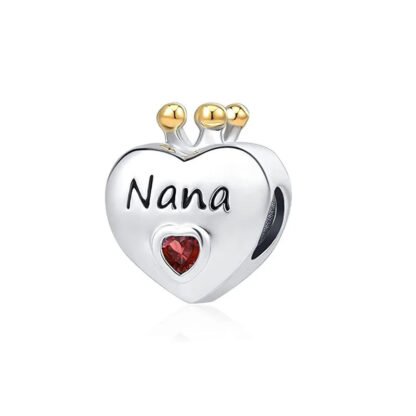 Crowned Silver Heart 'Nana' Red Heart Gem Charm