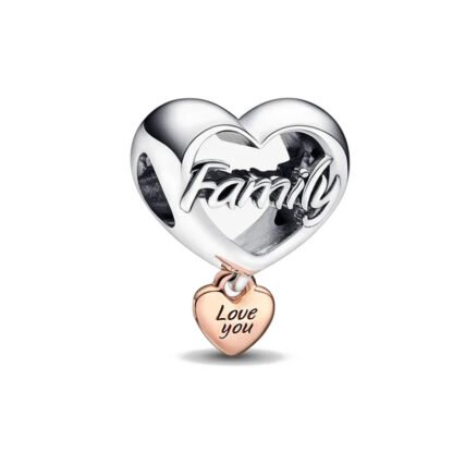 Big Silver Family Love Heart Gold Rose Smaller Heart Charm