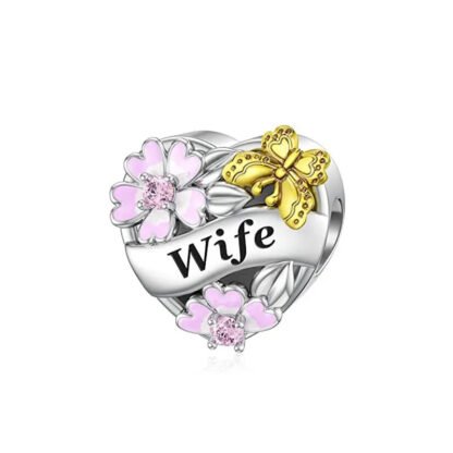 Silver Heart Wife Pink Cherry Blossoms Golden Butterfly Charm