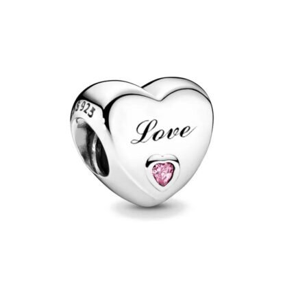 Simple Silver Heart Love Pink Gem Charm