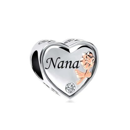 Silver Heart Rose Gold Flower Nana Charm