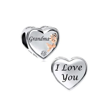 Silver Heart Rose Gold Flower Grandma Charm