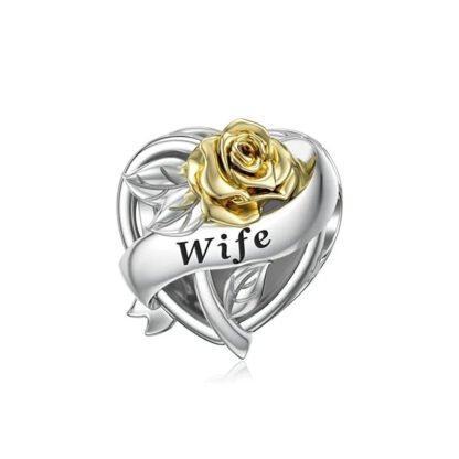 Silver Heart Golden Rose Ribbon Wife Charm