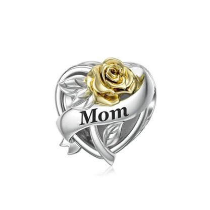 Silver Heart Golden Rose Ribbon Mom Charm