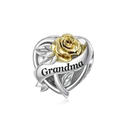 Silver Heart Golden Rose Ribbon Grandma Charm