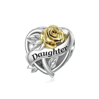 Silver Heart Golden Rose Ribbon Daughter Charm