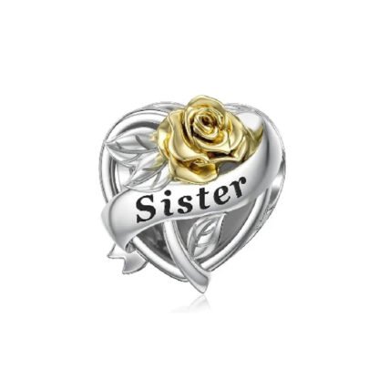 Silver Heart Golden Rose Ribbon Sister Charm