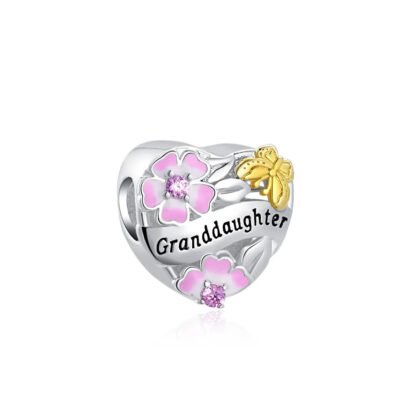 Silver Heart Granddaughter Pink Cherry Blossoms Golden Butterfly Charm