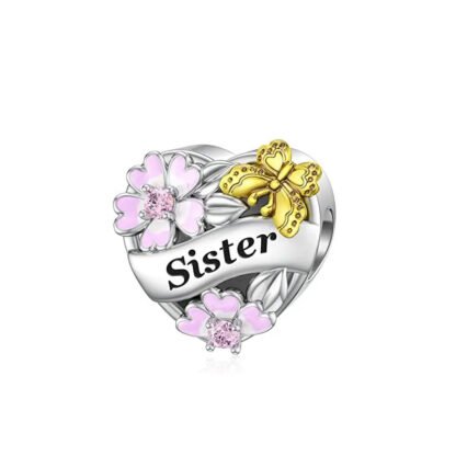 Silver Heart Sister Pink Cherry Blossoms Golden Butterfly Charm