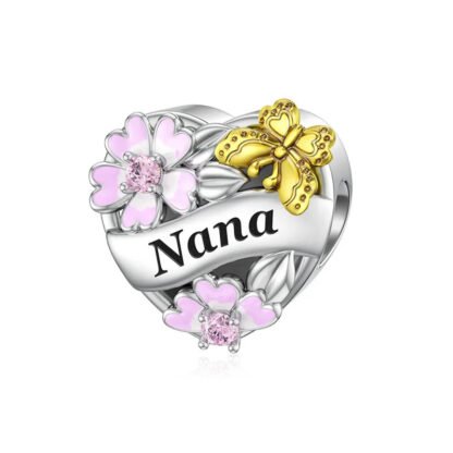 Silver Heart Nana Pink Cherry Blossoms Golden Butterfly Charm