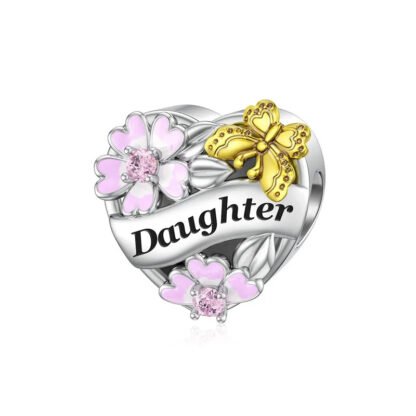 Silver Heart Daughter Pink Cherry Blossoms Golden Butterfly Charm