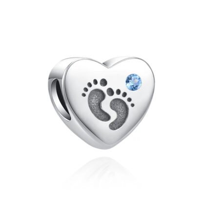 Silver Heart Footprints Blue Gem Charm