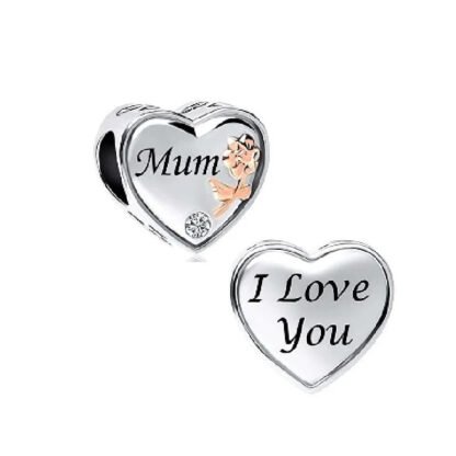 Silver Heart Rose Gold Flower Mum Charm