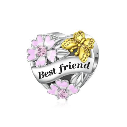 Silver Heart Best Friend Pink Cherry Blossoms Golden Butterfly Charm