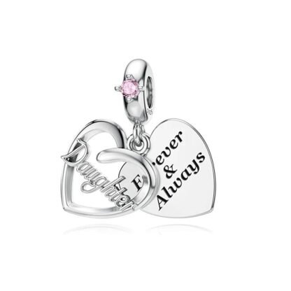 Silver Hear Daughter Forever & Always Pink Gem Charm