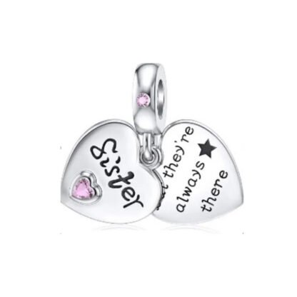 Silver Heart Sister Reminder Pink Gem Charm