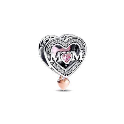 Mom Big Heart and Gold Rose Small Heart Charm