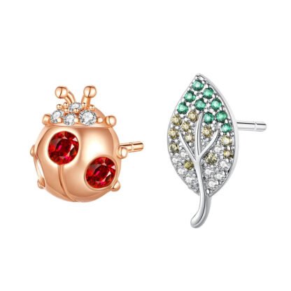 Crystal Ladybug Leaf Silver Stud Earrings