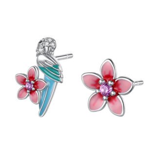 Tropical Flower Bird Silver Stud Earrings