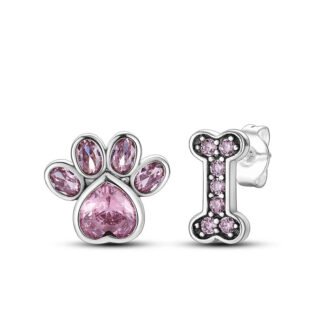 Crystal Pet Paw Bone Silver Stud Earrings