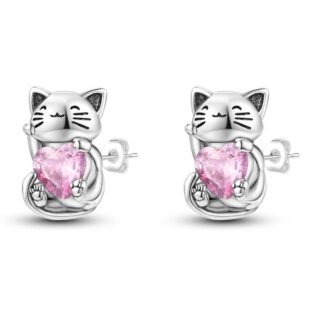 Crystal Heart Cat Silver Stud Earrings