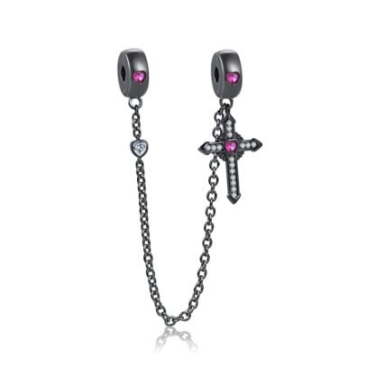 Dark Grey Cross Magenta Gems Chain Charm