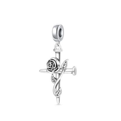 Silver Cross Wrapped by Rose Vines Charm