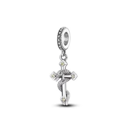 Snake Wrapping Around Silver Cross Charm