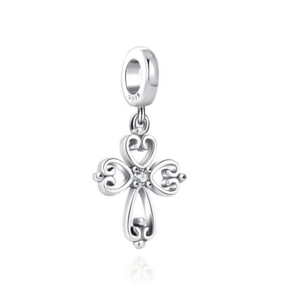 Ornate Elegant Silver Cross Heart Curves Charm