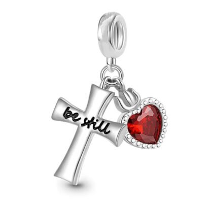 Silver Cross Be Still Red Heart Gem Charm