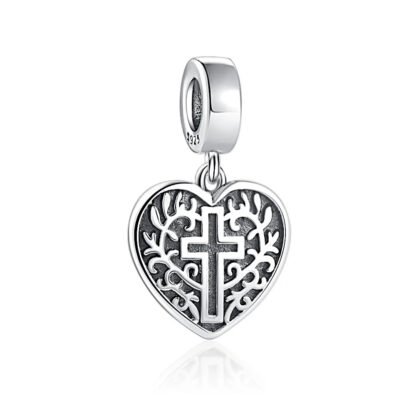 Silver Heart Cross Vines Charm