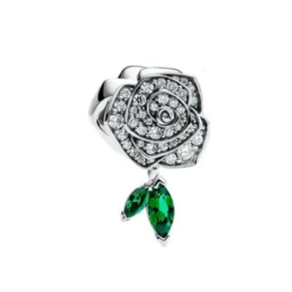 White Gems Rose Green Gems Leaves Charm